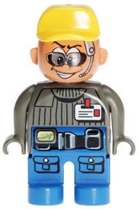 Duplo Male Action Wheeler - A Male Action Wheeler Duplo figure with blue legs, dark gray top with ID badge, belt, yellow cap, and sunglasses - 4555pb037