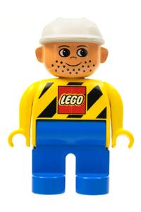 Duplo Figure, Male, Blue Legs, Yellow Top with Black Stripes and Lego Logo, Construction Hat White 4555pb038