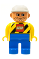 Duplo Figure, Male, Blue Legs, Yellow Top with Black Stripes and Lego Logo, Construction Hat White - 4555pb038