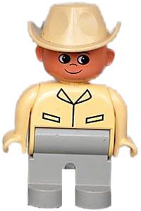 Duplo Male - Male Duplo figure wearing light gray legs, a tan top, and a cowboy hat - 4555pb039