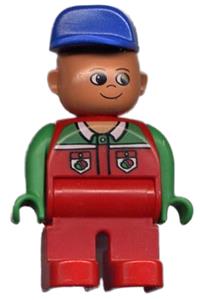 Duplo Figure, Male, Red Legs, Red Top with Octan Logo, Crooked Blue Hat 4555pb040