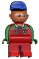 Duplo Figure, Male, Red Legs, Red Top with Octan Logo, Crooked Blue Hat - 4555pb040