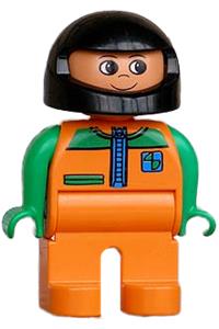 Duplo Figure, Male, Orange Legs, Orange Top with Racer Zipper, Green Arms, Black Helmet 4555pb041