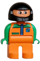 Duplo Figure, Male, Orange Legs, Orange Top with Racer Zipper, Green Arms, Black Helmet - 4555pb041