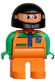 Male Duplo figure with orange legs and top with racer zipper, green arms, and a black helmet - 4555pb041