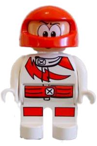 Duplo Figure, Male Action Wheeler, White Legs, White Top with Racer Red Lightning Bolt and Lines, Red Helmet with Large Eyes 4555pb042