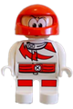 Duplo Figure, Male Action Wheeler, White Legs, White Top with Racer Red Lightning Bolt and Lines, Red Helmet with Large Eyes - 4555pb042