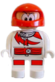 Male Duplo figure in white top with red lightning bolt and lines, white legs, and a red helmet with large eyes - 4555pb042