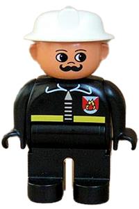 Duplo Figure, Male Fireman, Black Legs, Black Top with Fire Logo and Zipper, White Fire Helmet, Moustache 4555pb043