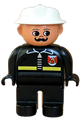 Duplo Figure, Male Fireman, Black Legs, Black Top with Fire Logo and Zipper, White Fire Helmet, Moustache - 4555pb043