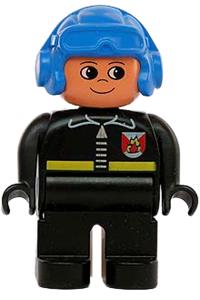 Duplo Figure, Male Fireman, Black Legs, Black Top with Fire Logo and Zipper, Blue Aviator Helmet 4555pb044