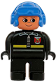 Duplo Figure, Male Fireman, Black Legs, Black Top with Fire Logo and Zipper, Blue Aviator Helmet - 4555pb044