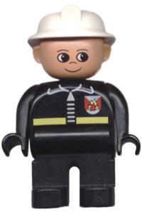 Duplo Figure, Male Fireman, Black Legs, Black Top with Fire Logo and Zipper, White Fire Helmet 4555pb045