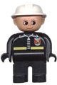Male Duplo fireman with black legs, wearing a black top with fire logo and zipper and a white fire helmet - 4555pb045