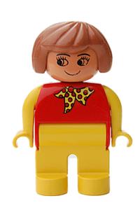Duplo Figure, Female, Yellow Legs, Red Top with Yellow and Red Polka Dot Scarf, Yellow Arms, Fabuland Brown Hair, without Nose 4555pb047