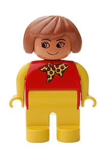 Duplo Female - Female Duplo figure with yellow legs, red top with yellow and red polka dot scarf, yellow arms, Fabuland brown hair, and without a nose - 4555pb047