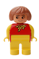Duplo Figure, Female, Yellow Legs, Red Top with Yellow and Red Polka Dot Scarf, Yellow Arms, Fabuland Brown Hair, without Nose - 4555pb047