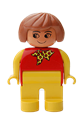 Female Duplo figure with yellow legs, red top with yellow and red polka dot scarf, yellow arms, Fabuland brown hair, and without a nose - 4555pb047