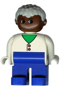 Duplo Figure, Male, Blue Legs, White Two Button Cardigan, Gray Hair, Brown Head 4555pb048
