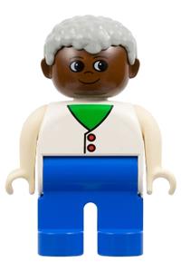 Duplo Male - A male Duplo figure with blue legs, white two-button cardigan, gray hair, and brown head - 4555pb048
