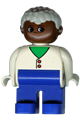 Duplo Figure, Male, Blue Legs, White Two Button Cardigan, Gray Hair, Brown Head - 4555pb048