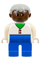 Duplo Figure, Male, Blue Legs, White Two Button Cardigan, Gray Hair, Brown Head - 4555pb048