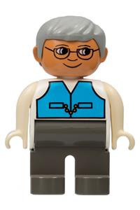 Duplo Male - Male Duplo figure with dark gray legs, wearing a medium blue vest, gray hair, and glasses - 4555pb049
