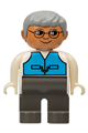 Male Duplo figure with dark gray legs, wearing a medium blue vest, gray hair, and glasses - 4555pb049
