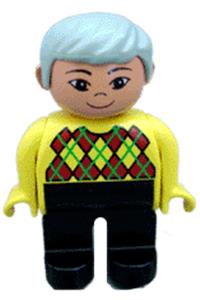 Duplo Figure, Male, Black Legs, Yellow Argyle Sweater, Gray Hair, Asian Eyes 4555pb050