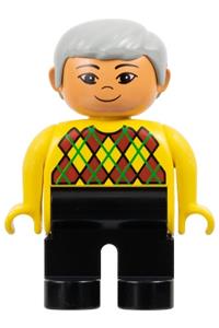 Duplo Male - Male Duplo figure with black legs wearing a yellow argyle sweater, gray hair, and Asian eyes - 4555pb050