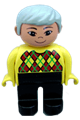 Duplo Figure, Male, Black Legs, Yellow Argyle Sweater, Gray Hair, Asian Eyes - 4555pb050