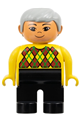 Duplo Figure, Male, Black Legs, Yellow Argyle Sweater, Gray Hair, Asian Eyes - 4555pb050