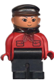 Male Duplo figure wearing black legs and a red top with pockets - 4555pb051