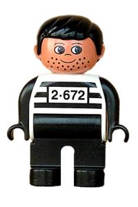 Duplo Figure, Male, Black Legs, White Top with 2-672 Number on Chest, Black Hair, Black Hands, Stubble 4555pb053