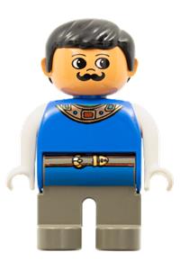 Duplo Male - Male Duplo figure with dark gray legs, wearing a blue top with gold necklace, belt, and moustache - 4555pb054