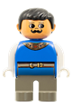 Duplo Figure, Male, Dark Gray Legs, Blue Top with Gold Necklace and Belt, Moustache - 4555pb054