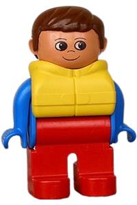 Duplo Male - Male Duplo figure with red legs, wearing a blue top, life jacket, and brown hair - 4555pb055