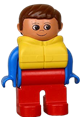 Male Duplo figure with red legs, wearing a blue top, life jacket, and brown hair - 4555pb055