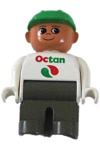 Duplo Male - Male Duplo figure with dark gray legs, wearing a white top with Octan logo and a green helmet - 4555pb056