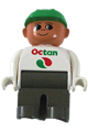 Male Duplo figure with dark gray legs, wearing a white top with Octan logo and a green helmet - 4555pb056