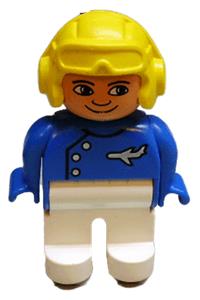 Duplo Figure, Male, White Legs, Blue Top with Plane Logo, Yellow Aviator Helmet, 4555pb057
