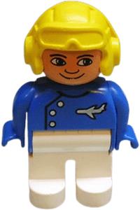 Duplo Male Airport Worker - Male Duplo figure with white legs, wearing a blue top with a plane logo and a yellow aviator helmet - 4555pb057