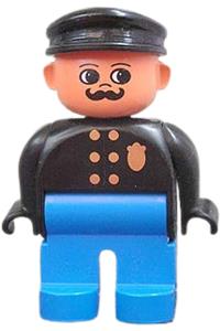 Duplo Male Police - Male Duplo police figure wearing blue legs, black top with gold badge, black hat, with turned up nose and round eyes - 4555pb058