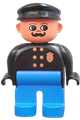 Male Duplo police figure wearing blue legs, black top with gold badge, black hat, with turned up nose and round eyes - 4555pb058