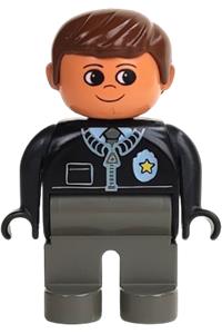 Duplo Male Police - Male police Duplo figure with dark gray legs, wearing a black top with zipper, tie, badge, and brown hair - 4555pb059