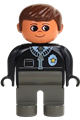 Male police Duplo figure with dark gray legs, wearing a black top with zipper, tie, badge, and brown hair - 4555pb059