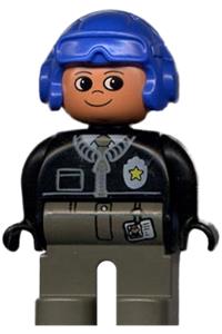 Duplo Male Police - Male police Duplo figure with dark gray legs, wearing a black top with zipper, tie, badge, and a blue aviator helmet - 4555pb060