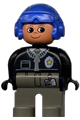 Male police Duplo figure with dark gray legs, wearing a black top with zipper, tie, badge, and a blue aviator helmet - 4555pb060