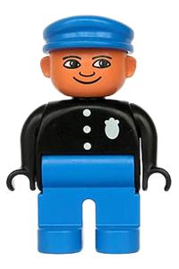 Duplo Male Police - Male police Duplo figure with blue legs, wearing a black top with 3 buttons and a badge, and a blue hat - 4555pb061