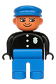 Duplo Figure, Male Police, Blue Legs, Black Top with 3 Buttons and Badge, Blue Hat - 4555pb061